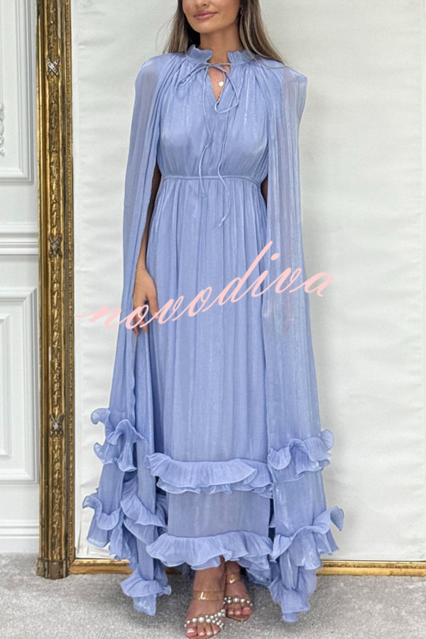 Fashionable V-neck Lace-up Ruffled Double-layer Hem Maxi Dress