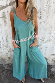 Linen Blend Solid Color Suspenders Loose Pockets Casual Wide-leg Jumpsuit