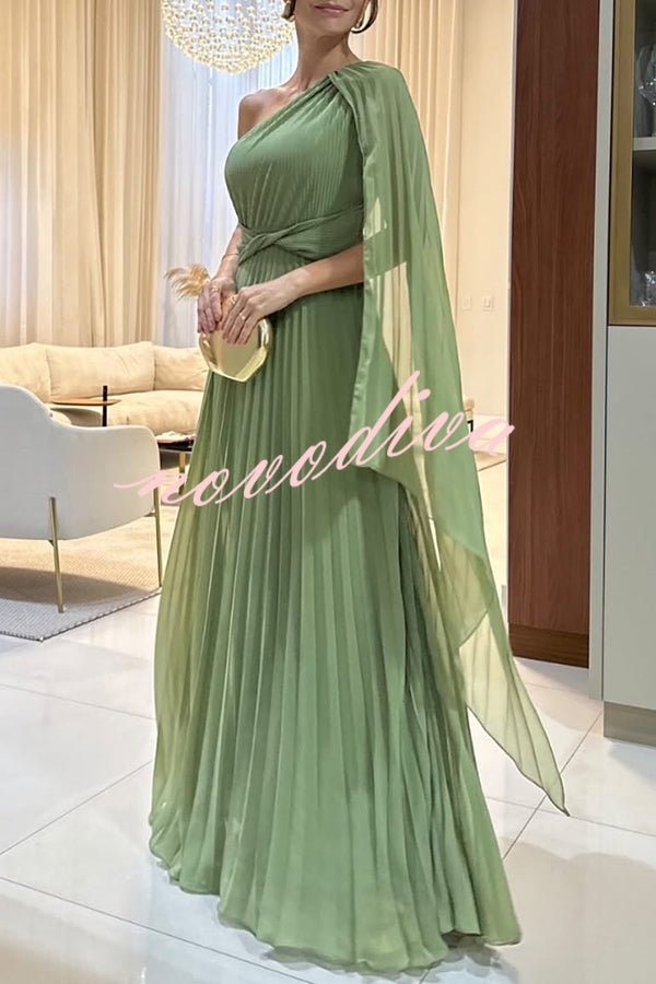 Kate Pleated One Shoulder Drape Sleeve Twist Waist Maxi Dress