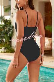 Fashionable Splicing Spaghetti Strap Metal Buckle One-piece Swimsuit