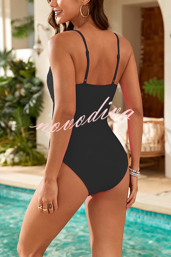 Fashionable Splicing Spaghetti Strap Metal Buckle One-piece Swimsuit