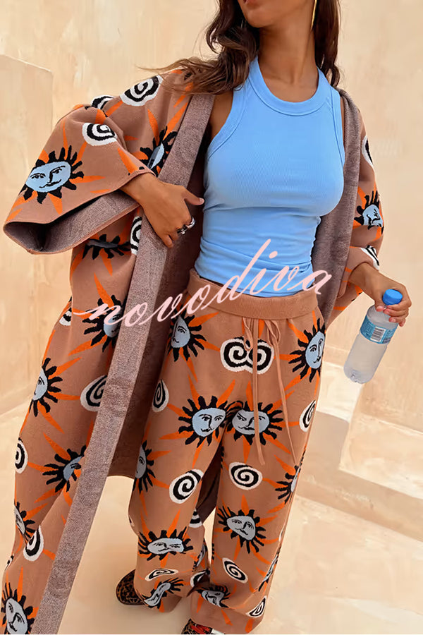 Mediterranean Art Knit Unique Sun Vortex Print Elastic Waist Wide Leg Pants