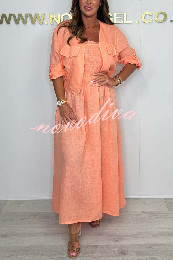 Solid Color Casual Short Jacket and Suspender Pleated Maxi Dress Set