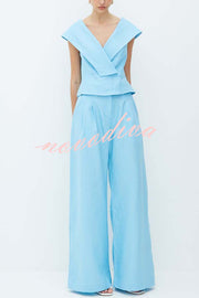 Velena Linen Blend Button Up Lapel Top and High Rise Pocket Wide Leg Pants Set