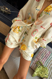 Funny Vacation Unique Printed Long Sleeve Shirt and Elastic Waist Pocket Loose Shorts Set