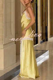 Sweet Trend Satin Lace Trim V-neck Slit Slip Maxi Dress