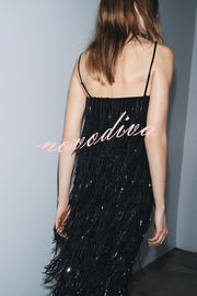 Chic Celebration Layered Sequined Tassels Slip Strapless H-line Midi Dress