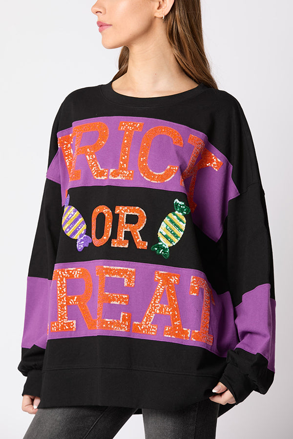 Halloween Letter Sequined Color Block Loose Casual Sweatshirt