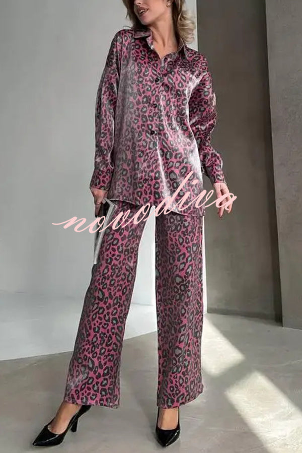 Leopard Print Long-sleeved Casual Top and Loose Elastic Waist Tie Pants Set