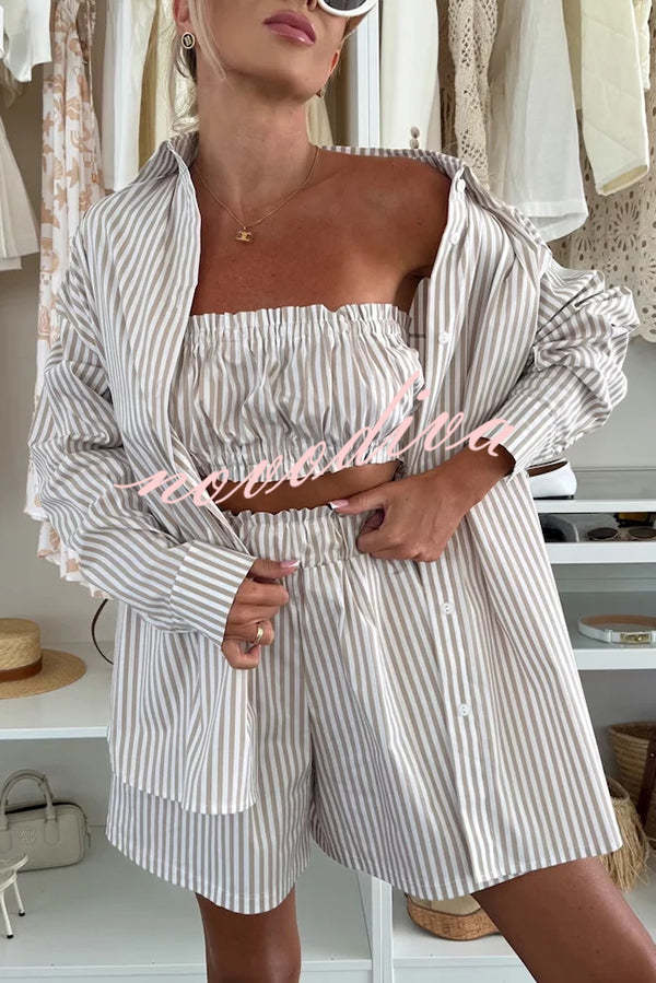 Zoie Striped Stretch Bandeau + Elastic Waist Pocket Shorts + Oversized Blouse 3 Pieces Set
