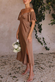 Pure Love Satin Butterfly Sleeve Slit Midi Dress