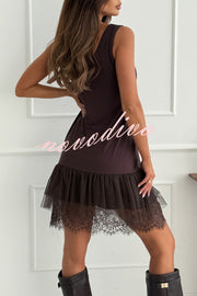 Breezy City Tulle Lace Tiered Hem Stretch Tank Mini Dress