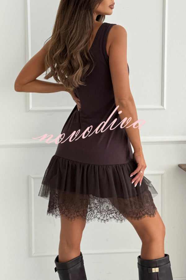 Breezy City Tulle Lace Tiered Hem Stretch Tank Mini Dress