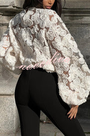 Fashionable Embroidered Flower Loose Puff Sleeve Hollow Top