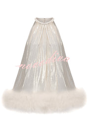 Viola Gold and Silver Glossy Fabric Bow Neck Faux-fur Hem A-line Mini Dress