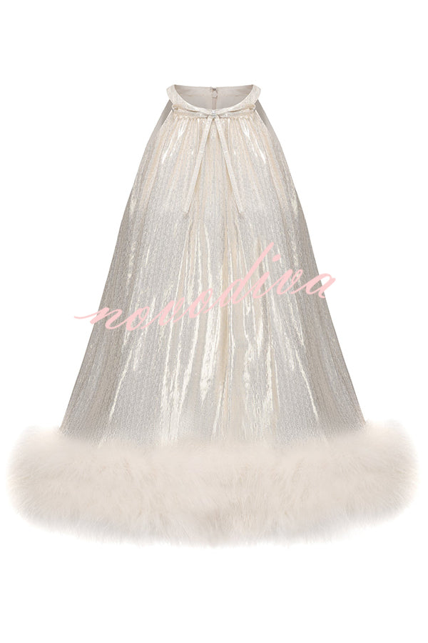 Viola Gold and Silver Glossy Fabric Bow Neck Faux-fur Hem A-line Mini Dress