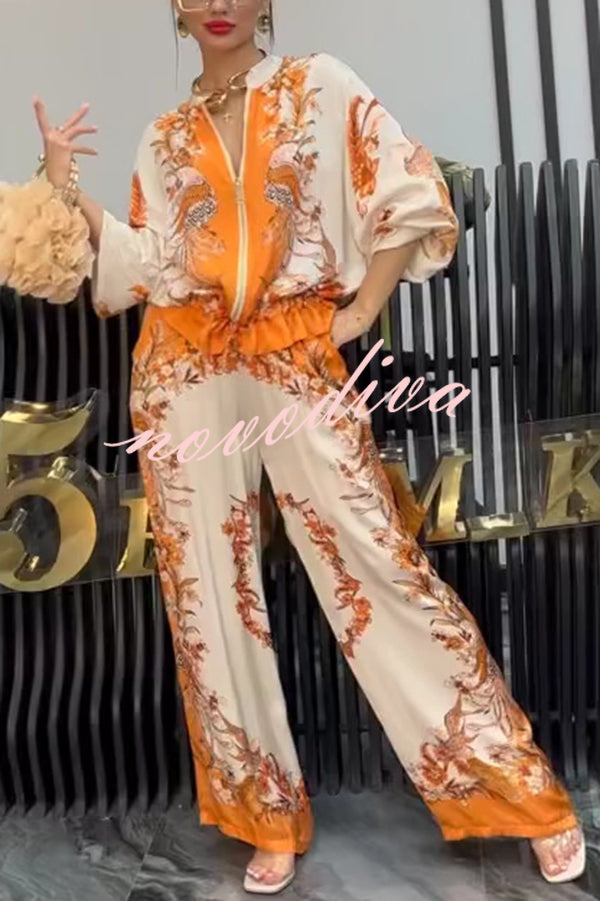 Unique Printed Casual Long-sleeved Loose Top and Elastic Waist Pocket Wide-leg Pants Set