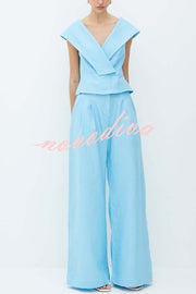 Velena Linen Blend Button Up Lapel Top and High Rise Pocket Wide Leg Pants Set