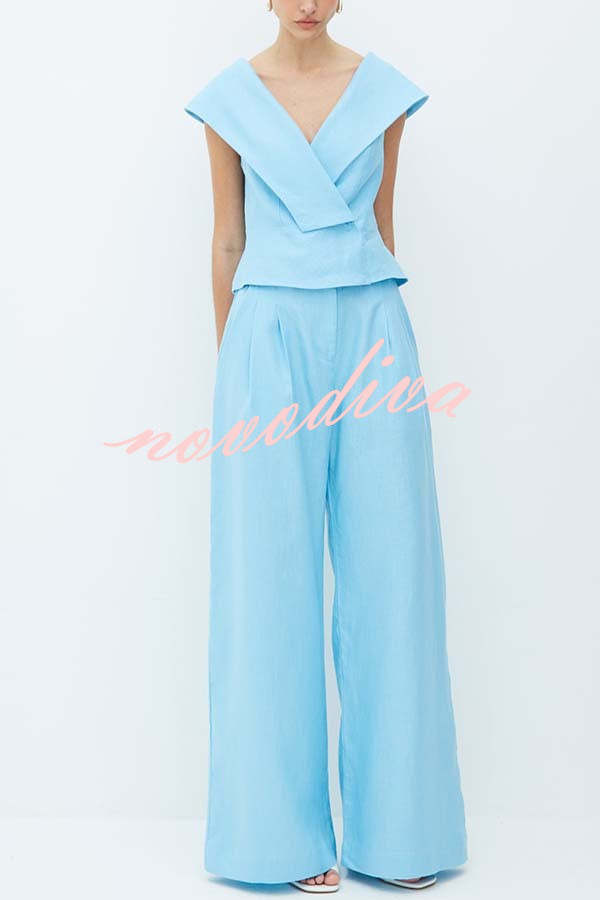 Velena Linen Blend Button Up Lapel Top and High Rise Pocket Wide Leg Pants Set