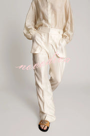 So Chic Linen Blend Buttoned Waist Tiered Pockets Wide Leg Pants