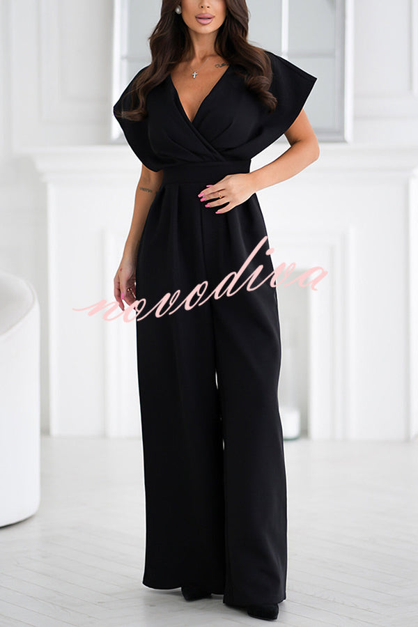 Solid Color V-neck Waist Casual Wide-leg Jumpsuit