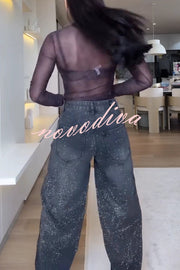 Fashion Star Rhinestone High Rise Casual Pocket Straight Loose Jeans