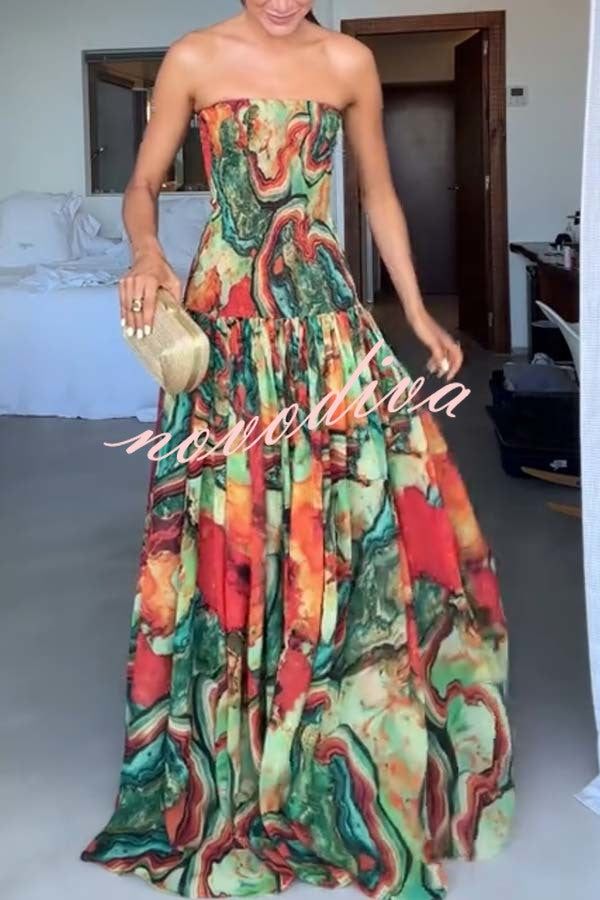 Vacay Vibes Colorful Lava Print Off Shoulder Smocked Scarf Maxi Dress