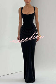 Larrah Square Neck Back Lace-up Satin Drape Hem Maxi Dress