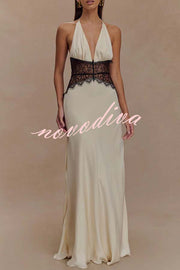 Seductive Details Satin Lace Waist Halter Tie-up Backless Maxi Dress