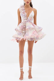 Floral Print V-neck Halter Back Tie Double Layer Mini Dress