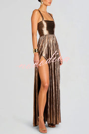 Artistic Quality Metallic Pleated Fabric Removable Straps Slit Maxi Dress
