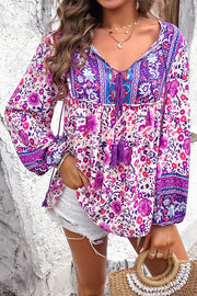 Intricate Floral Print V Neck Lace Up Paneled Long Sleeve Shirt