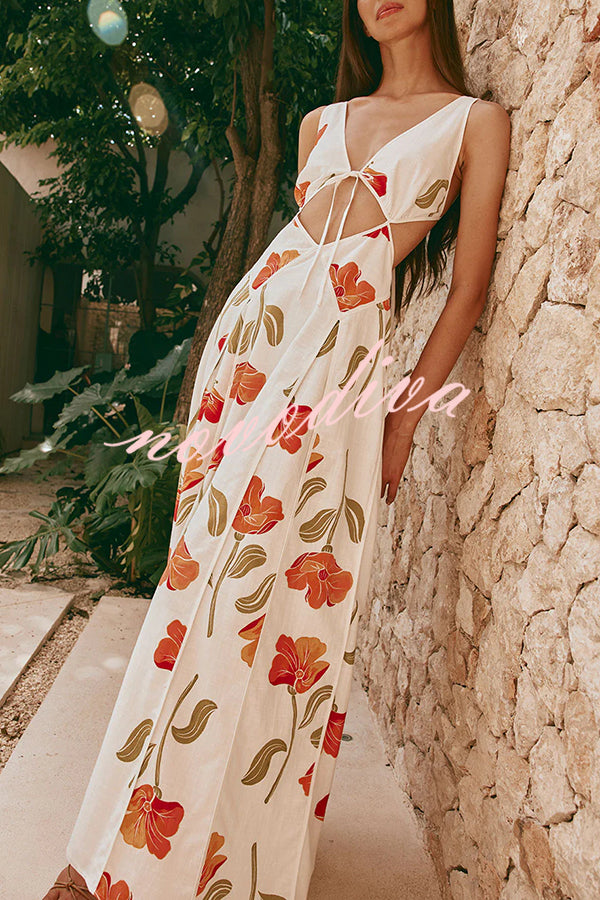 Eliska Linen Blend Poppy Print Cutout Contrast Trim A-line Maxi Dress