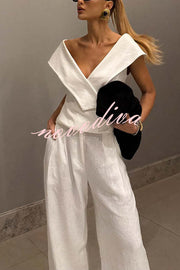 Velena Linen Blend Button Up Lapel Top and High Rise Pocket Wide Leg Pants Set