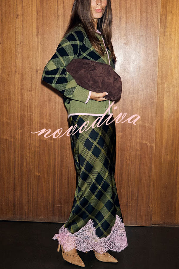 Holiday plaid Satin Unique Print Patchwork Lace Stretch Waist Draped Maxi Skirt