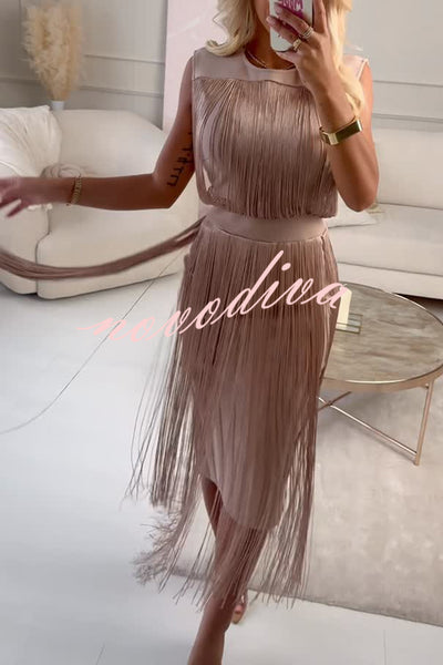 Elegant and Modern Draped Tassel Design Sleeveless Stretch Midi Dress