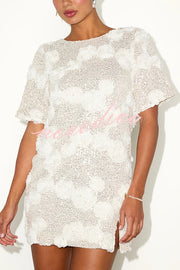 Feeling Exquisite Sequin-embellished Rose Texture Short Sleeve H-line Mini Dress