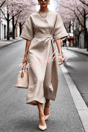 Solid Color Round Neck Half Sleeve Casual Waist Midi Dress