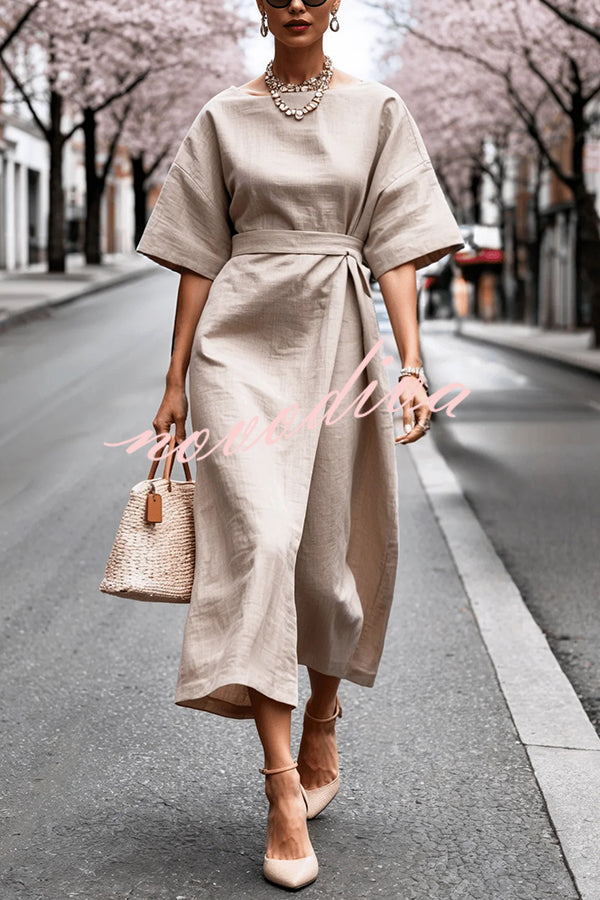 Solid Color Round Neck Half Sleeve Casual Waist Midi Dress