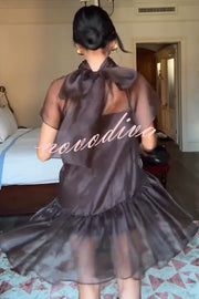 Cocktail Attire Sheer Organza Wide Sleeve Back Bow Layered A-line Mini Dress
