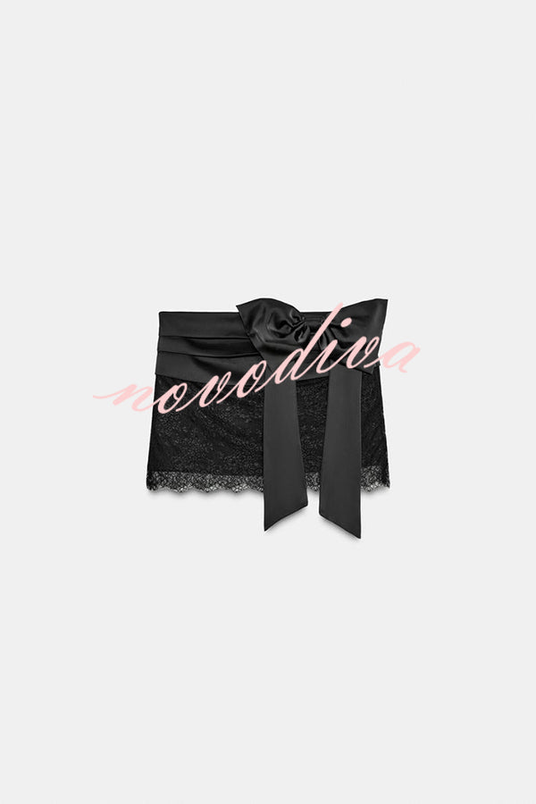 Anna Satin Bow Appliqué Mid Rise Lace Hem Mini Skirt