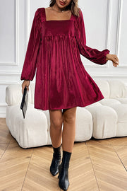 Solid Color Velvet Square Neck Long Sleeve Pocket Casual Mini Dress