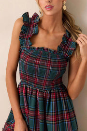 Plaid Print Ruffled Halter Pleated Sleeveless Casual Midi Dress