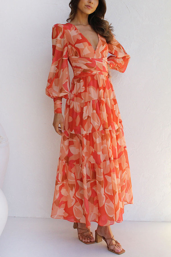 Olena Abstract Floral Balloon Sleeves Maxi Dress