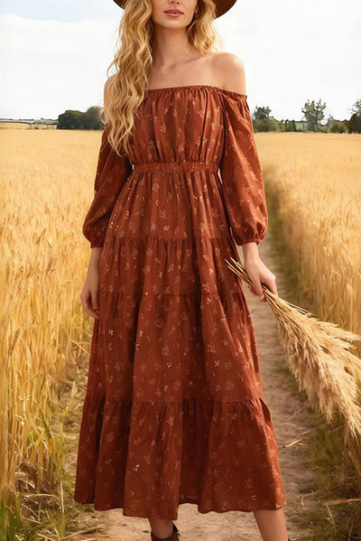 Unique Print Off-Shoulder Long-Sleeved Loose Midi Dress