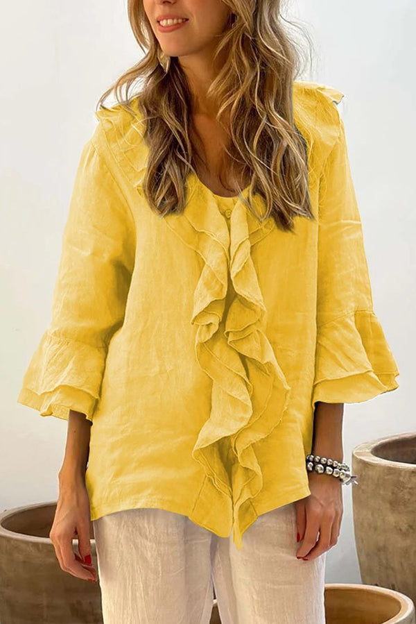 Solid Color V-neck Ruffled Casual Loose Top