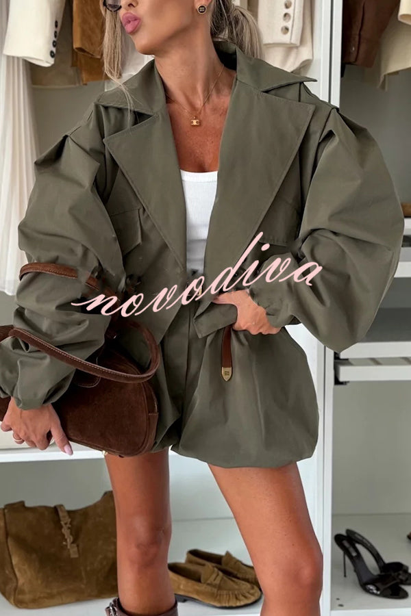Fashion Style Button Long Balloon Sleeve Pocket Lapel Casual Bomber Jacket