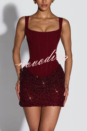 Yeona Square Neck Back Lace-up Sequin Embroidery Drape Hem Mini Dress