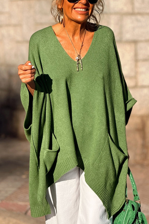 Fashion V-neck Loose Pocket Mid-length Knitted Sweater