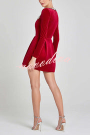 Endless Celebration Velvet Jewel Embellished Trim Long Sleeve Pocketed Mini Dress